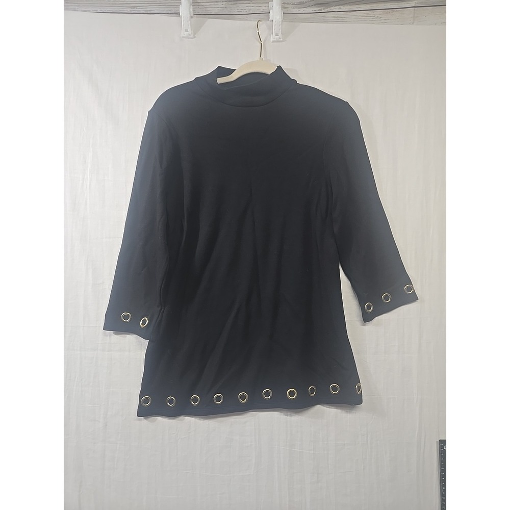 Chico's‎ Women's 0/Small Top With Gold Grommets 3/4 Sleeves Black Mock Neck